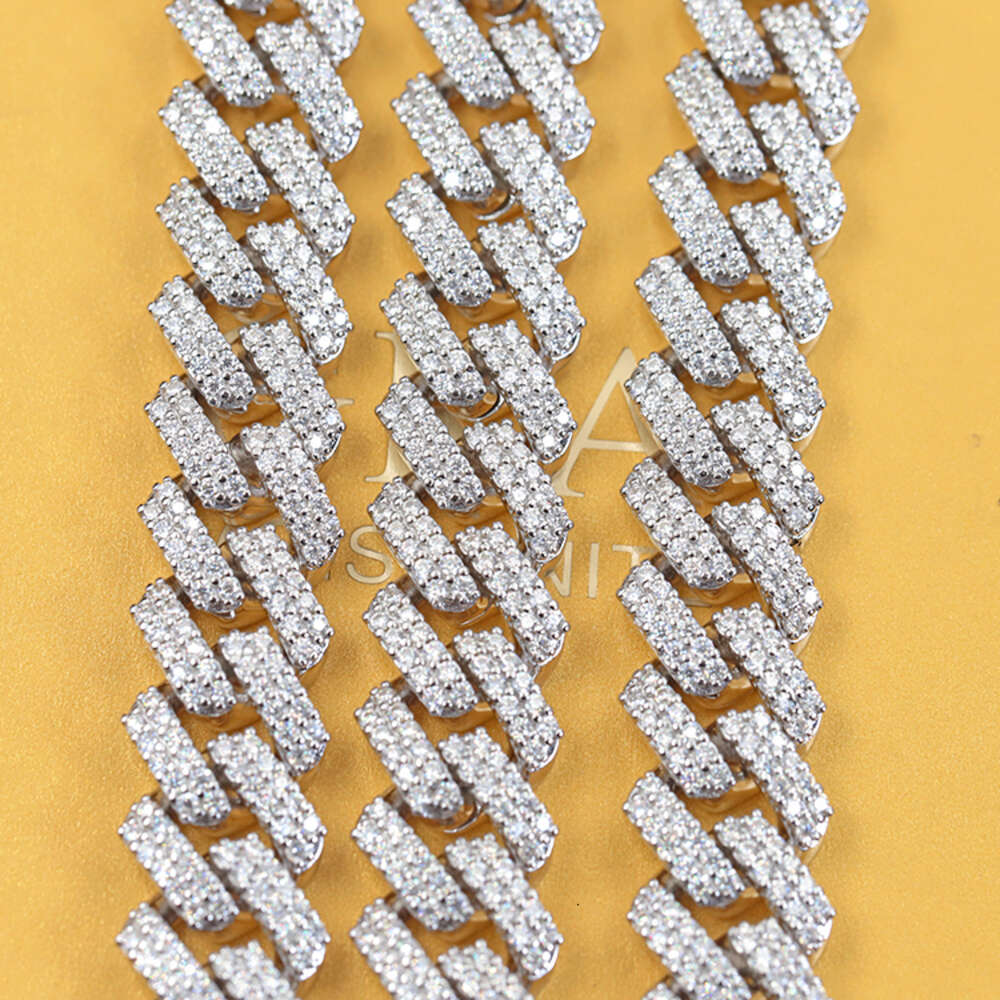 Selling 925 Sterling Sliver 2rows 18mm Wide Moissnaite Diamond Necklace Cuban Link Chain for Daily Wear