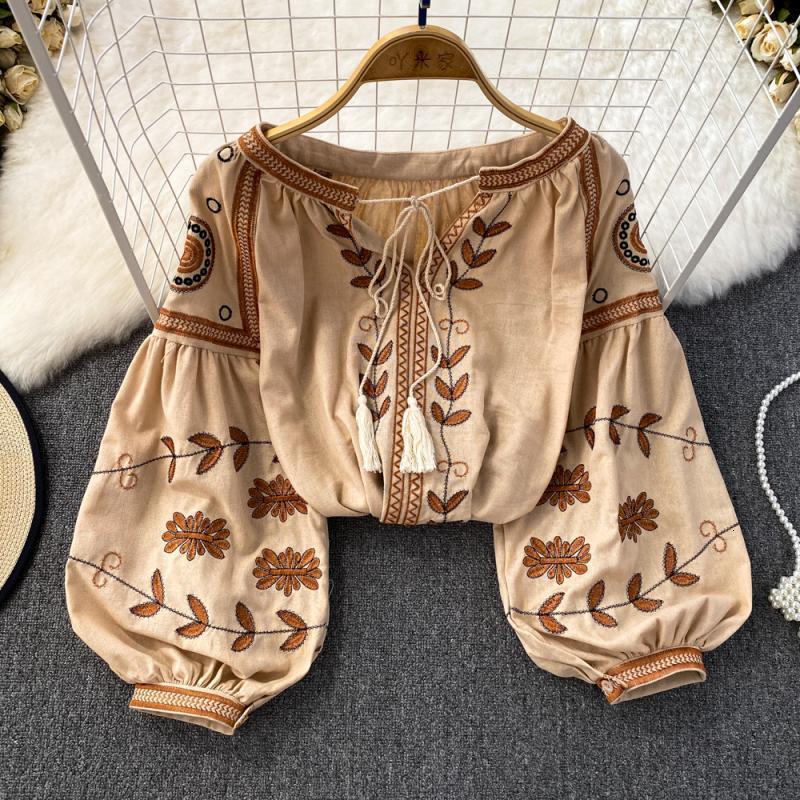Boho Ral Embroidered Cotton Blouse With Tassels - Loose Fit, Long Lantern Sleeves, Casual Hippie Top For Women White, Black, Khaki B4