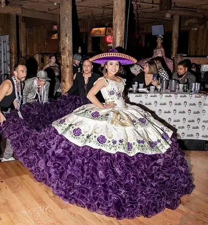 Pluffy Quinceanera Dresses Tiered Organza Train Embroidery Floral White and Purple Mexico Charro Prom Special Ocn Dress for Sweet Girls