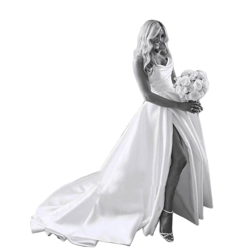 Simple Satin A Line Country Wedding Dress Side Split Pleats Sweetheart Neck Sleeveless Long Sexy Ivory White Bridal Gowns Court Train