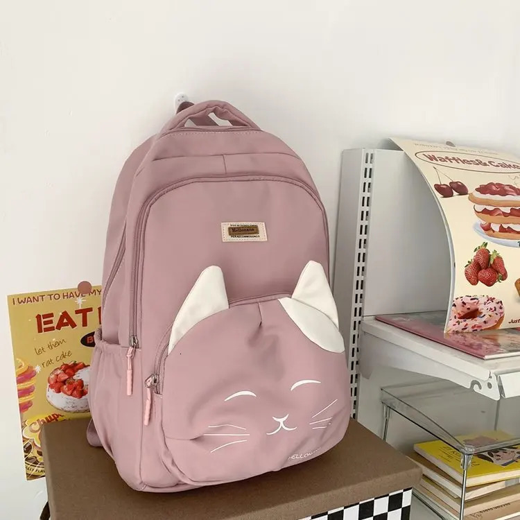 Cute Cat Young Girl School Backpack Female Large Capacity Kawaii Back Pack Mochila Pink Women Bagpack Nylon Cartoon Schoolbag 240103