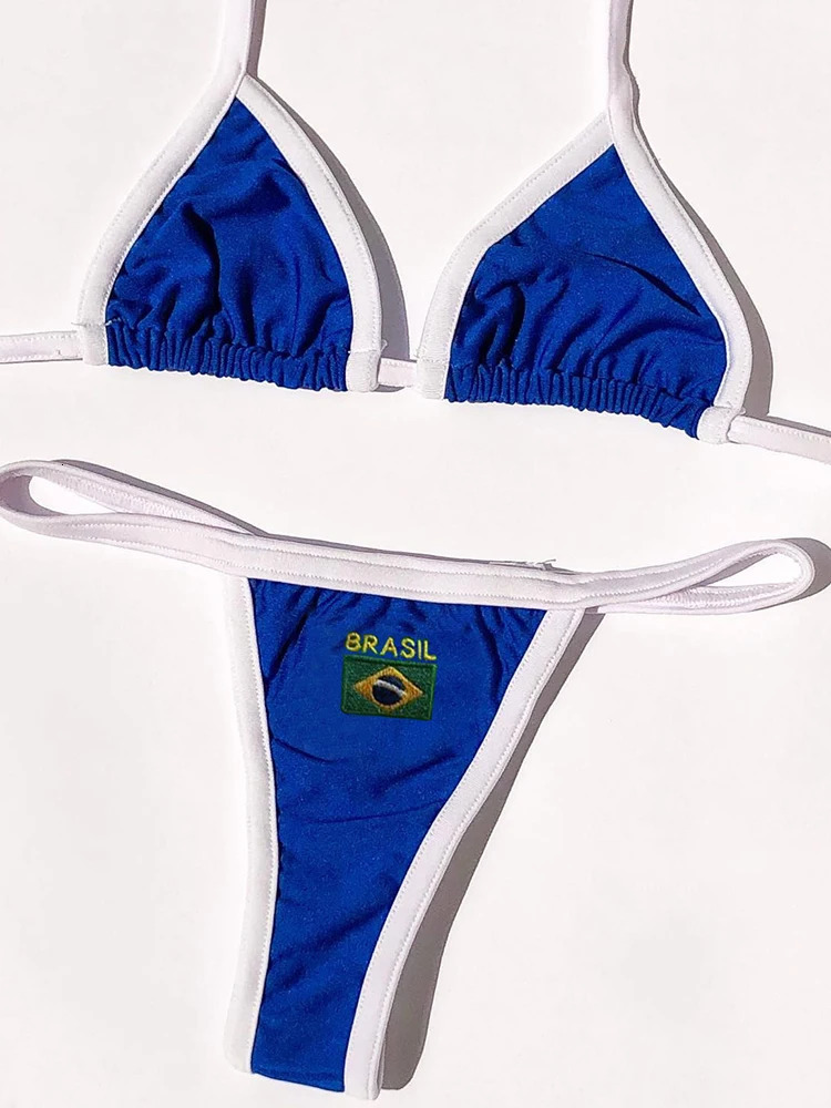 Letter Embroidery Contrast Bikini Set Women Swimwear Sexy Patchwork Swimsuit tie Outfits Y2K Bathing Suit Holiday Beachwear 240104