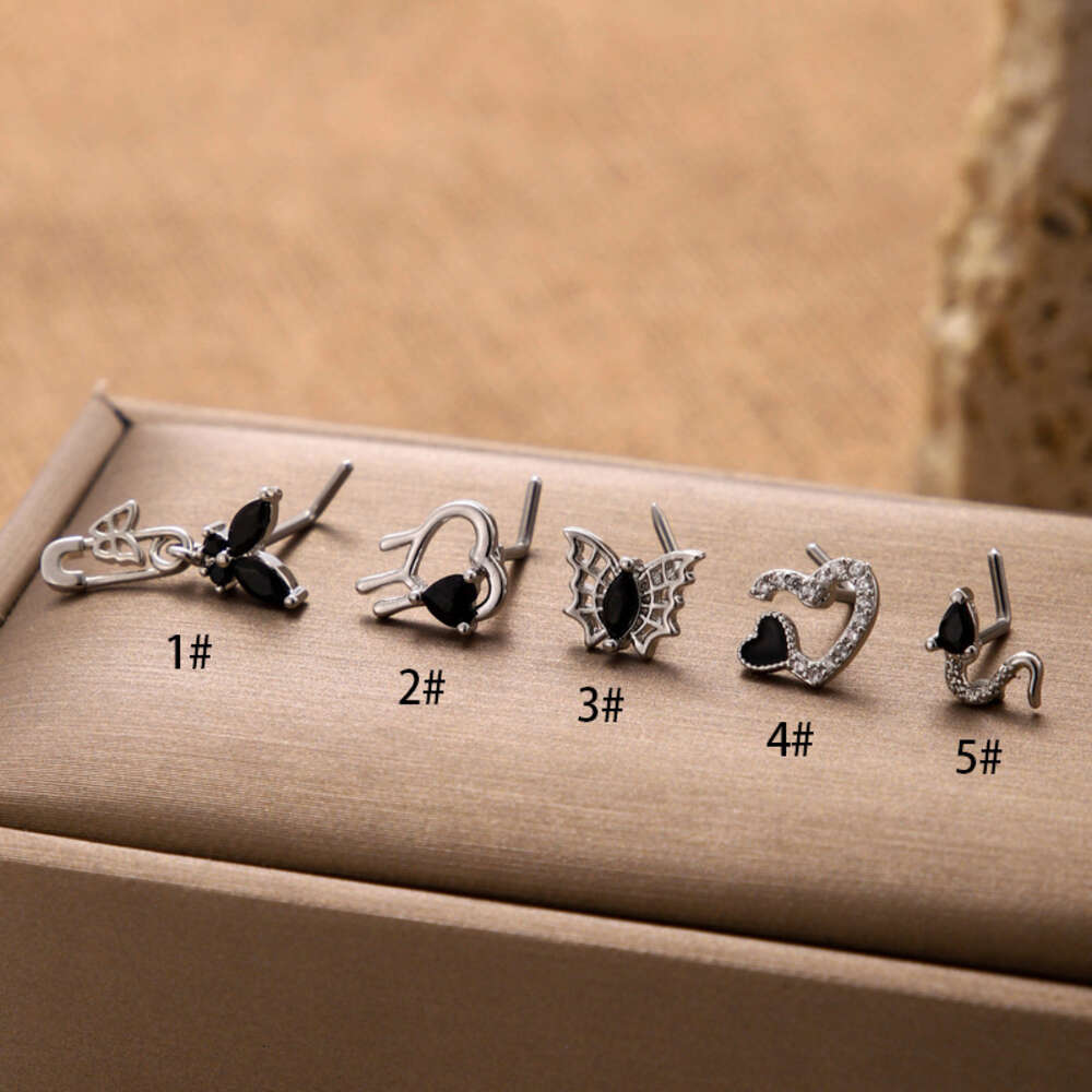 L-pole Stainless Steel Gothic Heart Charm Nose Ring For Women Fashionable Black Cubic Zircon Spider Web Snake Butterfly Nose Nail Wholesale Piercing J