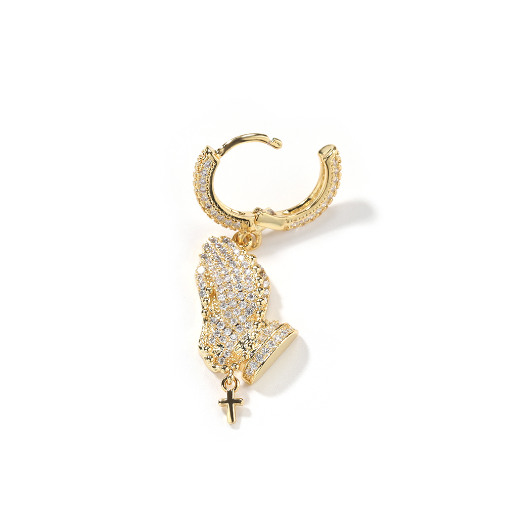 Hip Hop Pray Hands Dangle Earrings Full White Zircons Charm Cross Hoop Drop Earrings Real Gold Plated Religious Jewelry
