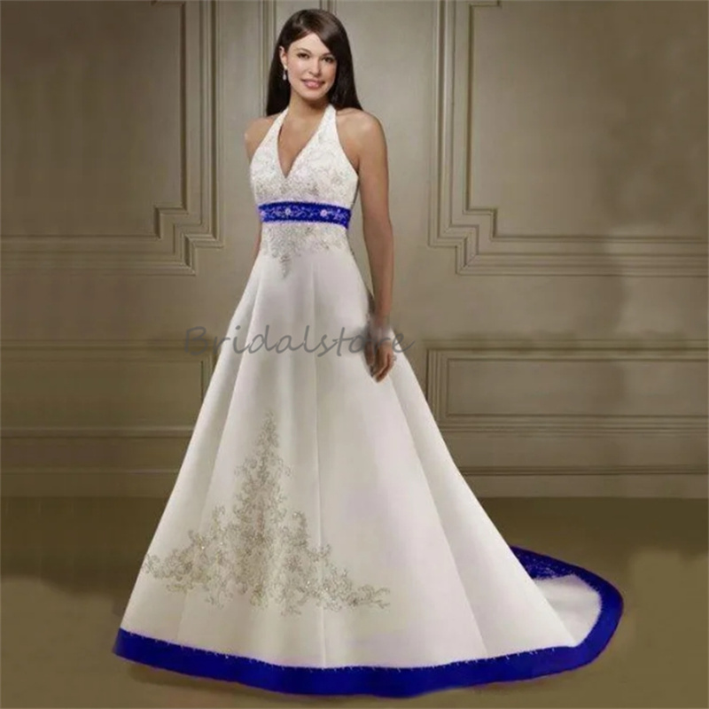 Elegant Red White Gothic Wedding Dress Sexy Halter Satin Backless Embroidery Country Bridal Gown Victorian Halloween Lace Up Brush Bride Dress Civil R