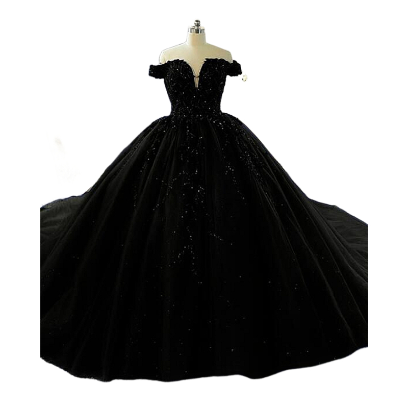 Gothic Black Wedding Dress Off The Shoulder Long Tulle Ball Gown Glitter Sequins Beaded Lace Appliques Vintage Plus Size Bridal Gowns 2024