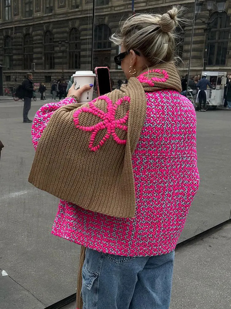 Vintage Womens Autumn Winter Contrast Polo Collar Jacket Pink Loose long sleeve Short Top Casual Fashion Y2k streetwear Coat 240103