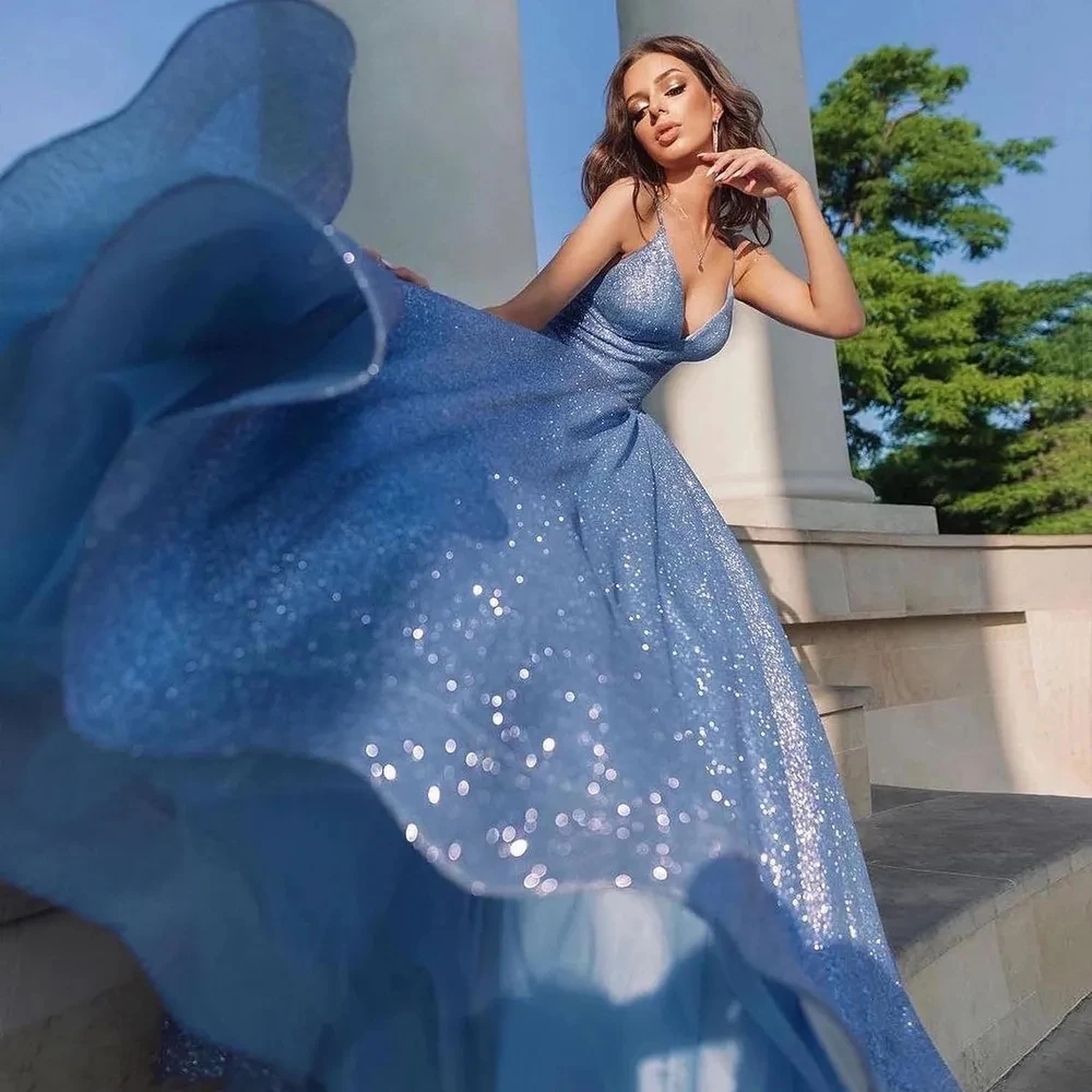 2024 Sparkly Blue Sequined Long Prom Dress Spaghetti Straps Floor Length Graduation Formal Evening Gowns Robe De Soriee Vestidos Feast