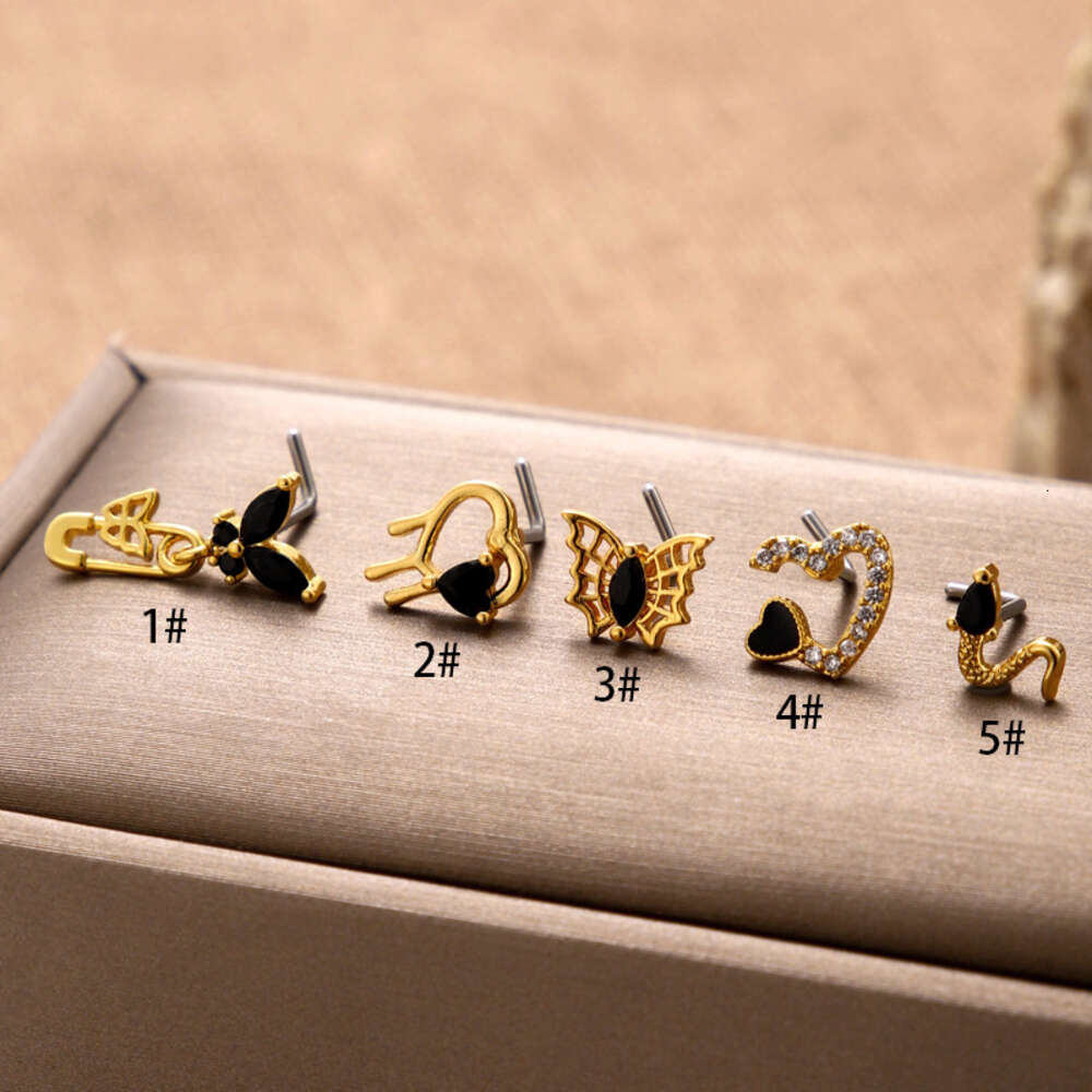 L-pole Stainless Steel Gothic Heart Charm Nose Ring For Women Fashionable Black Cubic Zircon Spider Web Snake Butterfly Nose Nail Wholesale Piercing J