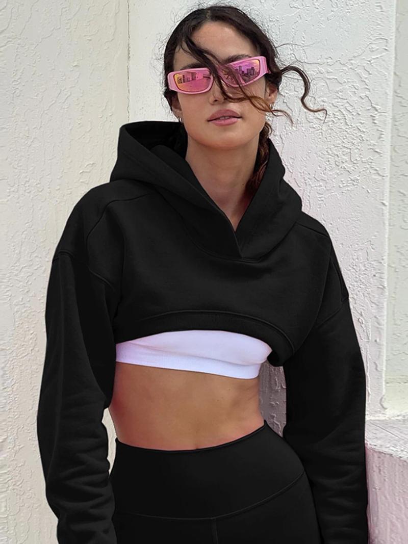 Womens Hoodies Womens Ladies Girls Hoodie Crop Tops Solid Color Long Sleeve Super Pullover Sweatshirt Punk Hip Hop Rave Cloth