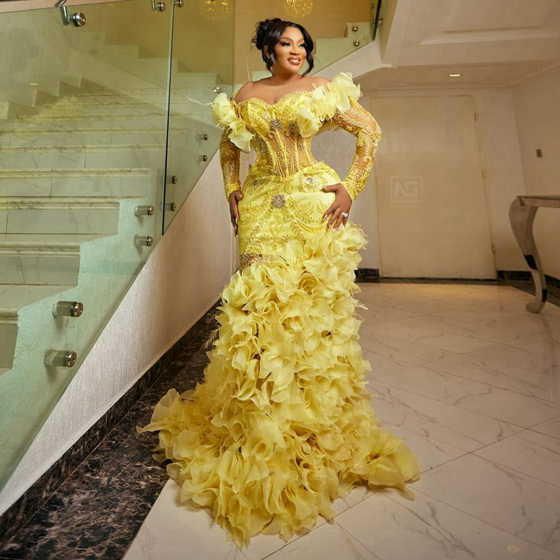 Light Yellow Aso Ebi Prom Mermaid Pleated Long Sleeves Lace Sequined Formal Dress Evening Dresses Elegant For Special Ocns Birthday Party Gowns St744 
