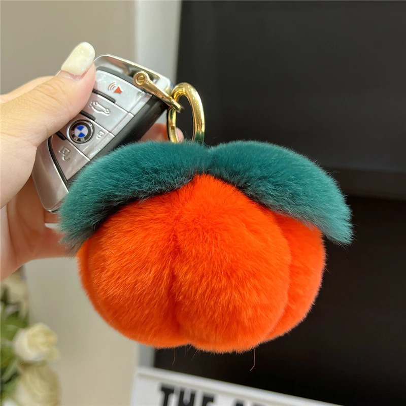 Plush Ball Real Rex Rabbit Fur Keychain Cute Pumpkin Toy Trinket Women Handbag Pendant Car Keyring Metal Ring Ornament Girl Gift 240103
