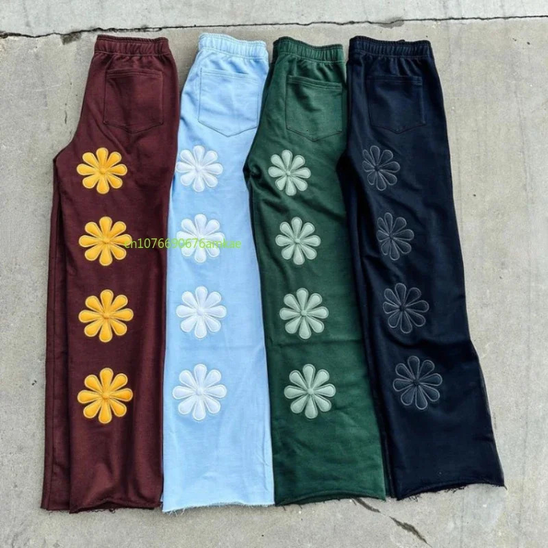 Cotton Suit Hoodie Pants Two Piece Men Women Ins Flower Embroidery Craft Loose Casual Street Style WinterCouple 240103