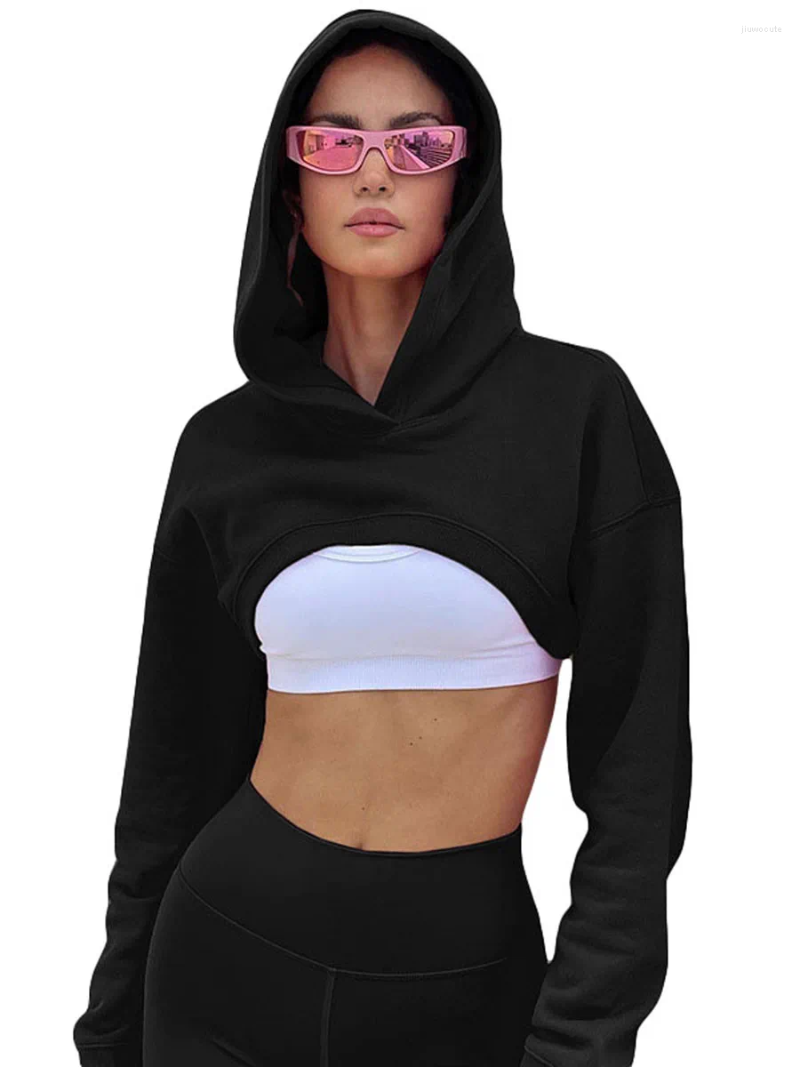Womens Hoodies Womens Ladies Girls Hoodie Crop Tops Solid Color Long Sleeve Super Pullover Sweatshirt Punk Hip Hop Rave Cloth