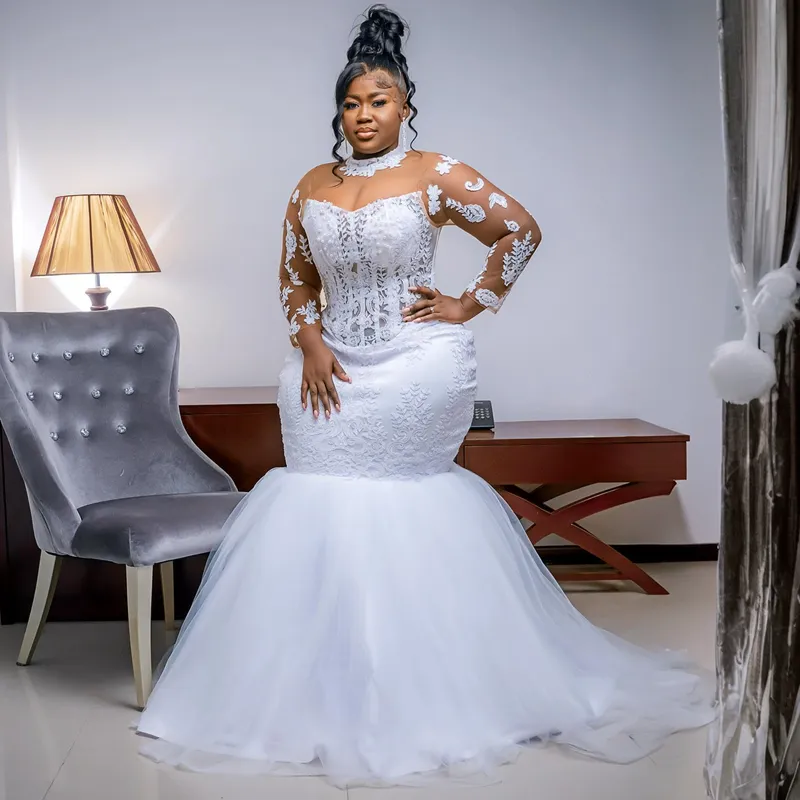 Dresses Wedding Mermaid Bridal Gown Lace Applique Long Sleeves High Neck Custom Made Vestidos De Novia Floor Length Beach Garden Plus Size