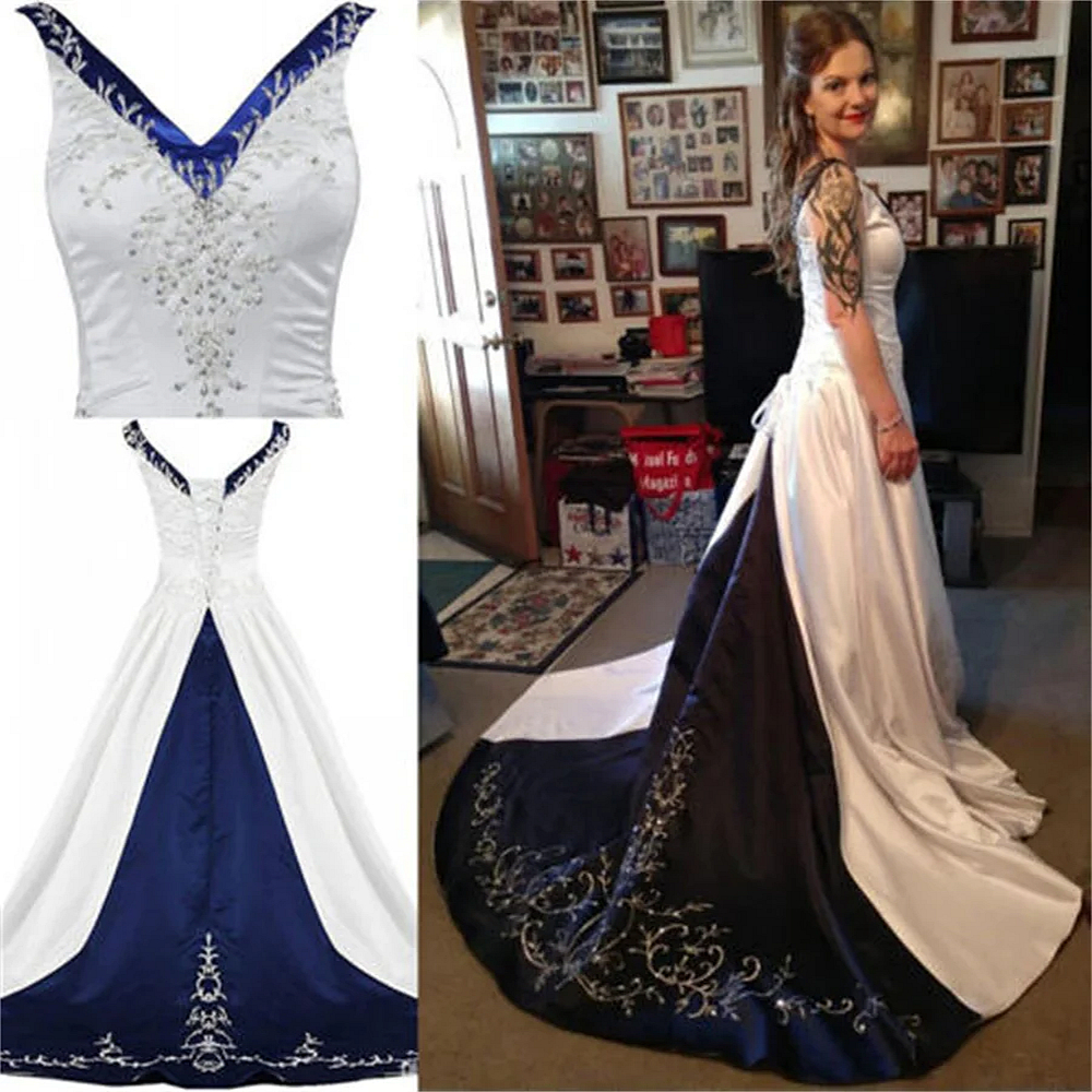 Vintage A Line Country Wedding Dress Embroidery White And Dark Navy Satin Bridal Gowns Court Train Sleeveless Long Bride Formal Dresses 2024
