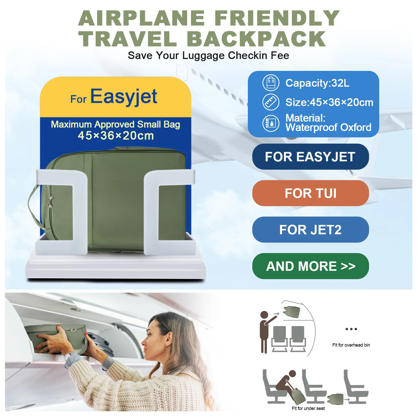 Easyjet Cabin Bag 45x36x20 Backpack Travel Woman Ryanair with Aeroplane Hand Luggage Laptop Man Daypack 240103