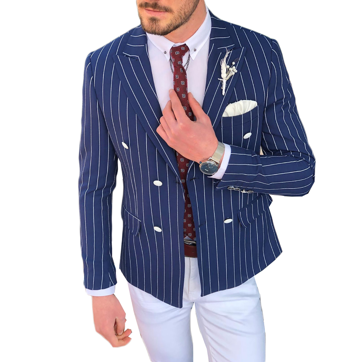 Men's Blue Striped Jacket Slim Fit Double Breasted Business Groom Party Formal Wear One Piece