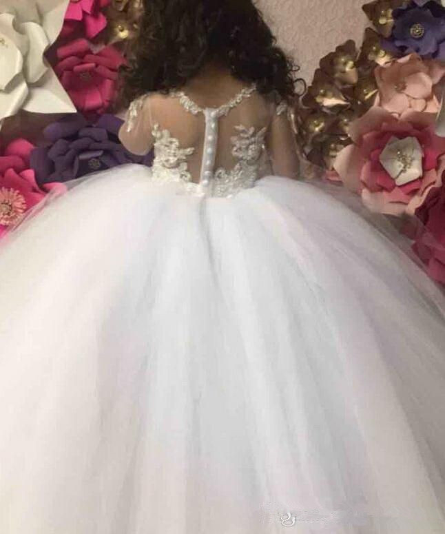 2024 Bling Cute Flower Girl Dresses For Weddings Jewel Neck Illusion Lace Appliques Beads Long Sleeves Ball Gown Tulle Girls Pageant Dress Kids Commun