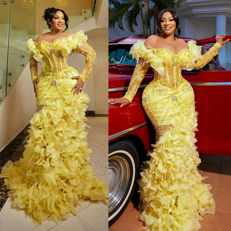Light Yellow Aso Ebi Prom Mermaid Pleated Long Sleeves Lace Sequined Formal Dress Evening Dresses Elegant For Special Ocns Birthday Party Gowns St744 