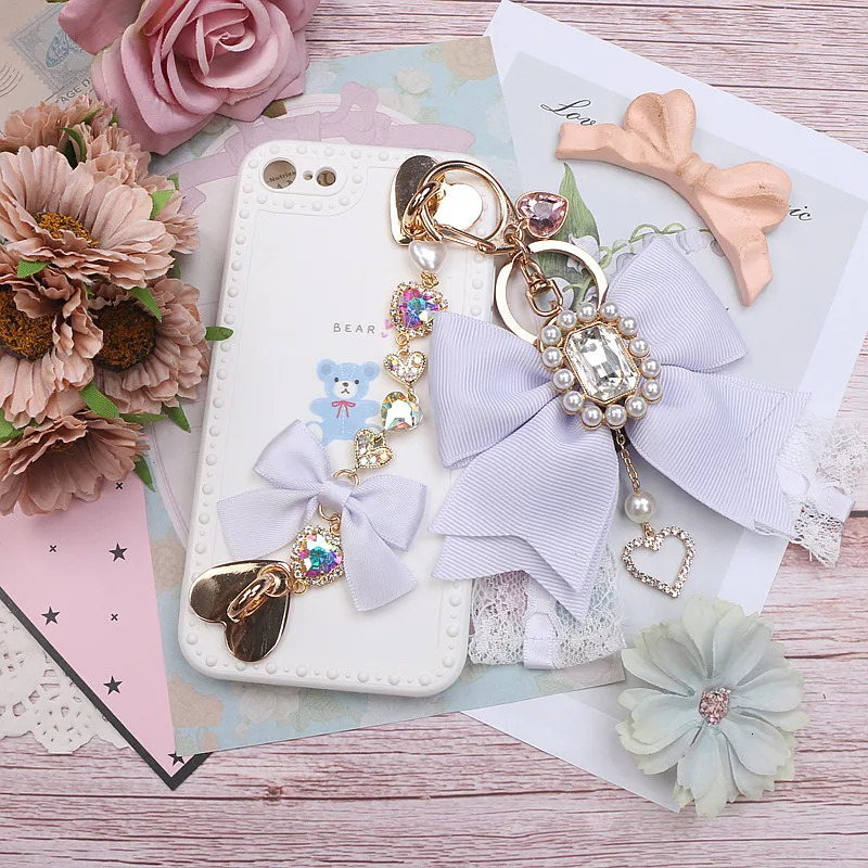Handmade Japanese Style Girls Big Bow Rhinestone Lace Keychain Sweet Cute Handbag Pendants Lolita Keyrings Bag Charms 240103