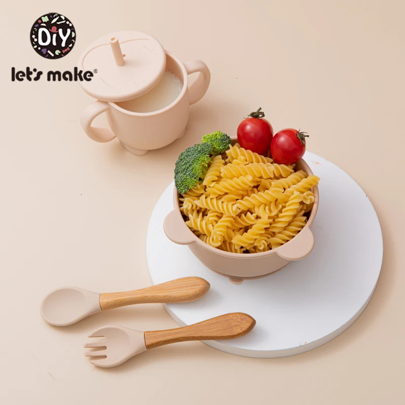 Solid Colour Kids Tableware Set Portable Baby Silicone Plate Bowl cup Toddler Feeding Sucker Infant Dishs With Silica Gel Spoon 240104
