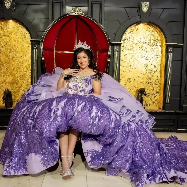 Quinceanera Purple Shiny Dresses 2024 Lace Appliques Beads Mexican Sweet 16 Ball Gown Vestidos Butantes 15 Anos 322