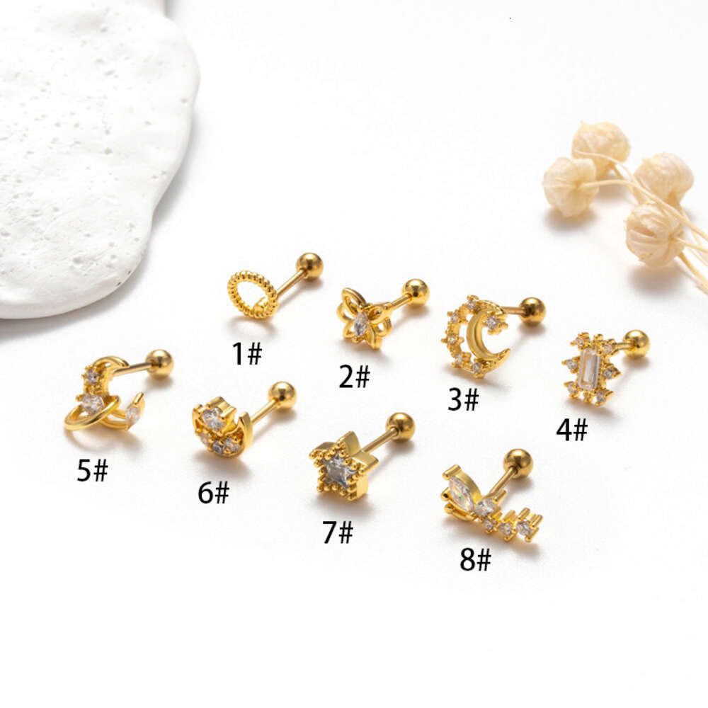 Flower Moon Star Charms Barbell Ball Earring Studs Surgical Stainless Steel Earrings Bling Cubic Zirconia Pentagram Butterfly Piercing Body Wolf Tide 