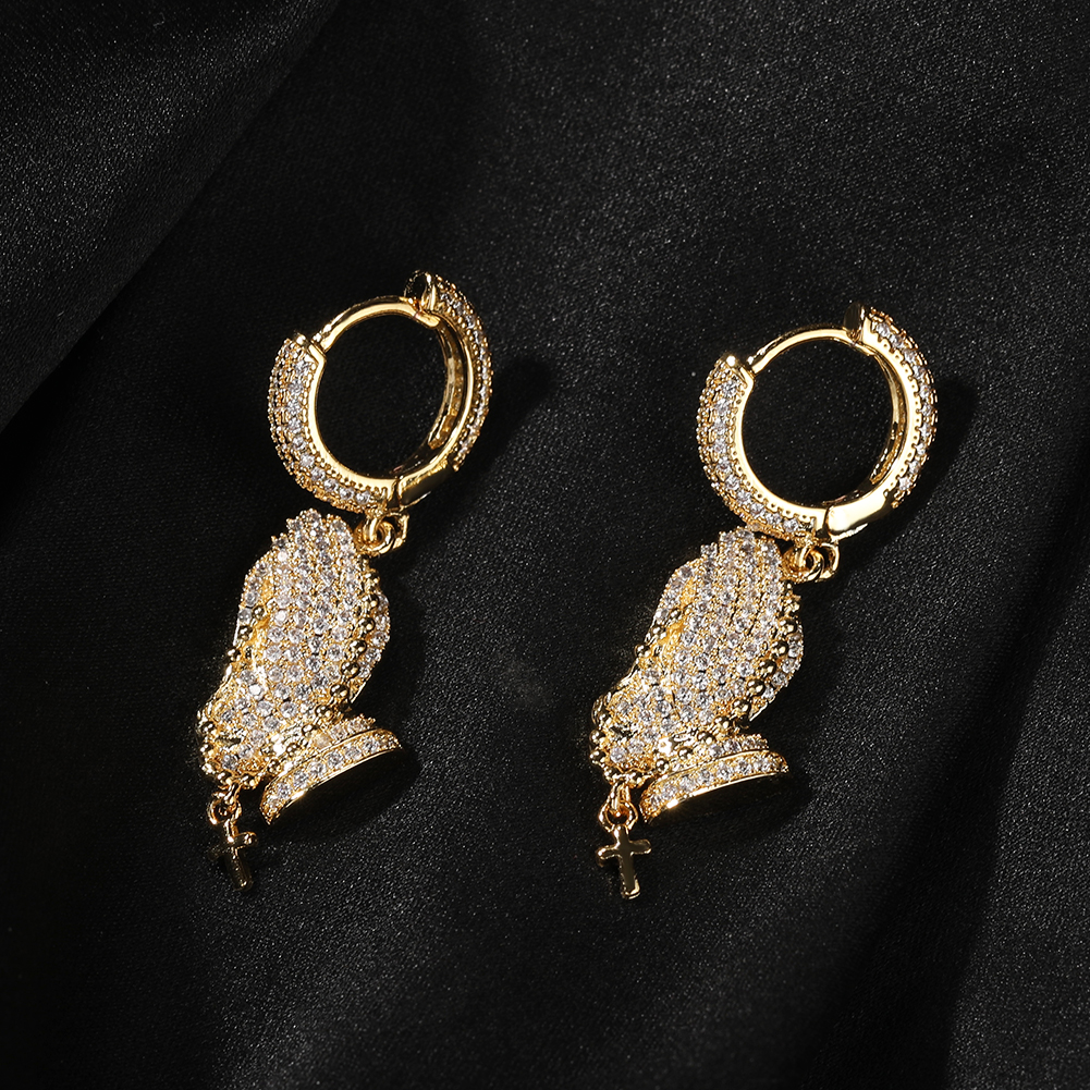 Classic Praying Hands Pendant Necklace Earrings 5A Zircon Boy Men Religion Jewelry