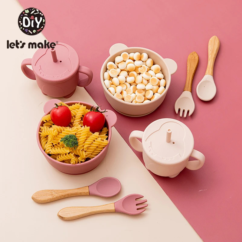 Solid Colour Kids Tableware Set Portable Baby Silicone Plate Bowl cup Toddler Feeding Sucker Infant Dishs With Silica Gel Spoon 240104