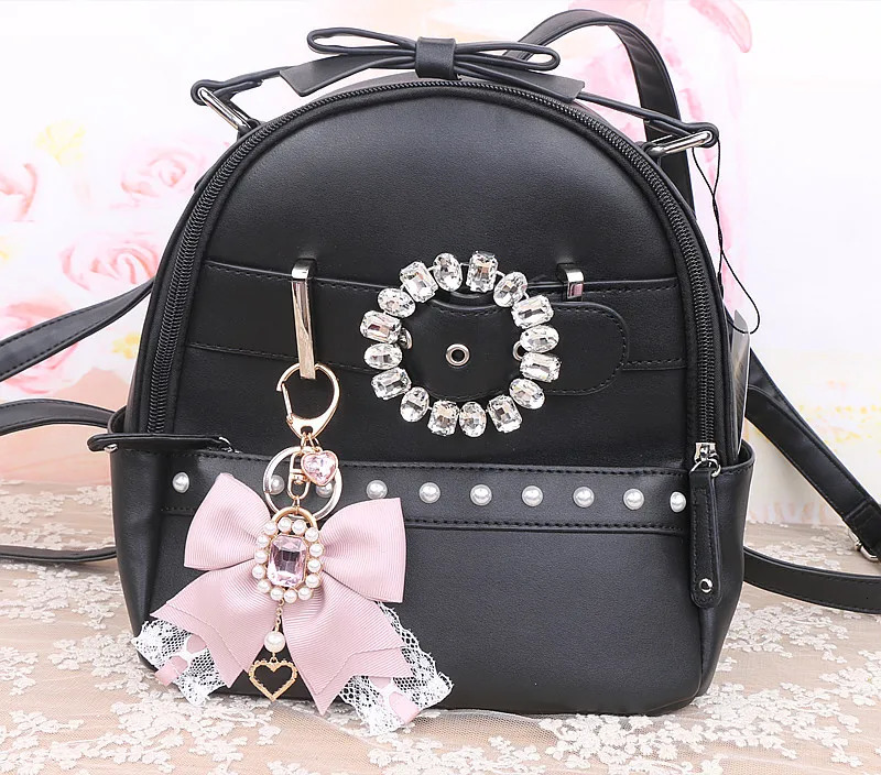 Handmade Japanese Style Girls Big Bow Rhinestone Lace Keychain Sweet Cute Handbag Pendants Lolita Keyrings Bag Charms 240103