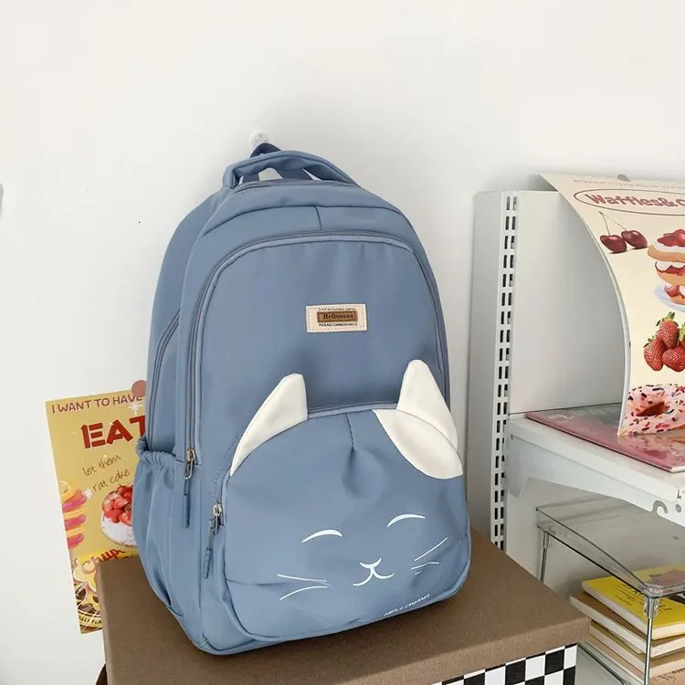 Cute Cat Young Girl School Backpack Female Large Capacity Kawaii Back Pack Mochila Pink Women Bagpack Nylon Cartoon Schoolbag 240103