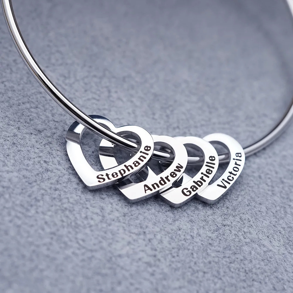 165cm Personalized Name Bracelet Heart Charm Women Stainless Custom Date Bangle Personality Family Names Hand Jewelry Gift 240103