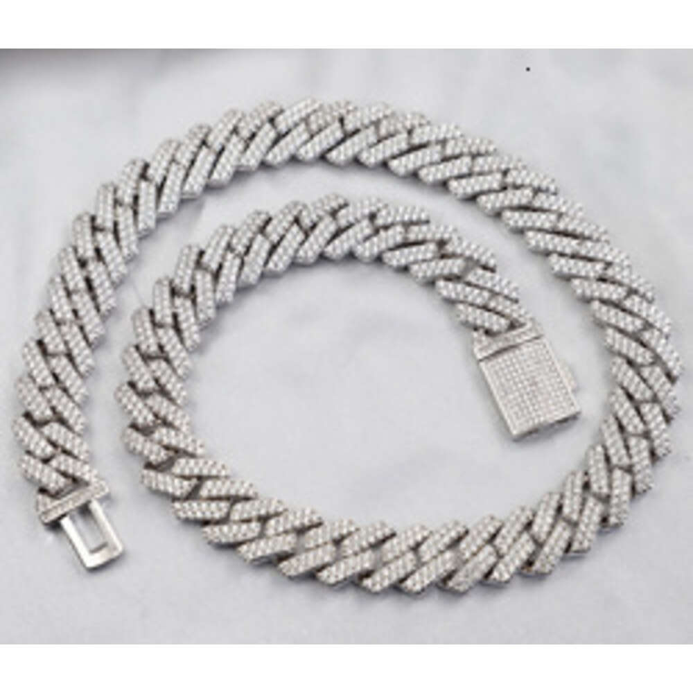 Selling 925 Sterling Sliver 2rows 18mm Wide Moissnaite Diamond Necklace Cuban Link Chain for Daily Wear
