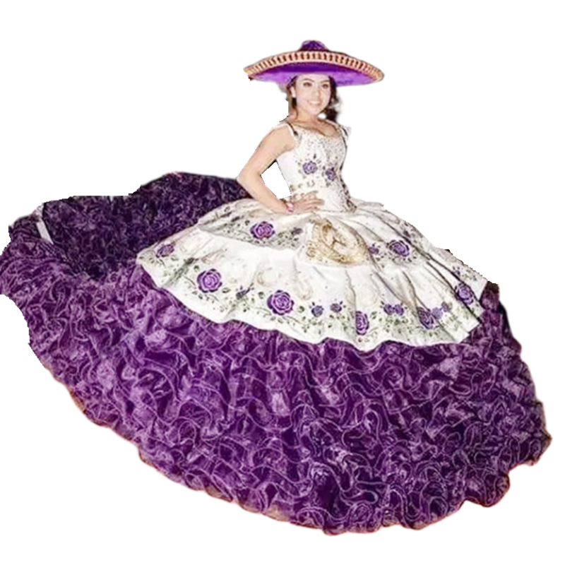 Pluffy Quinceanera Dresses Tiered Organza Train Embroidery Floral White and Purple Mexico Charro Prom Special Ocn Dress for Sweet Girls