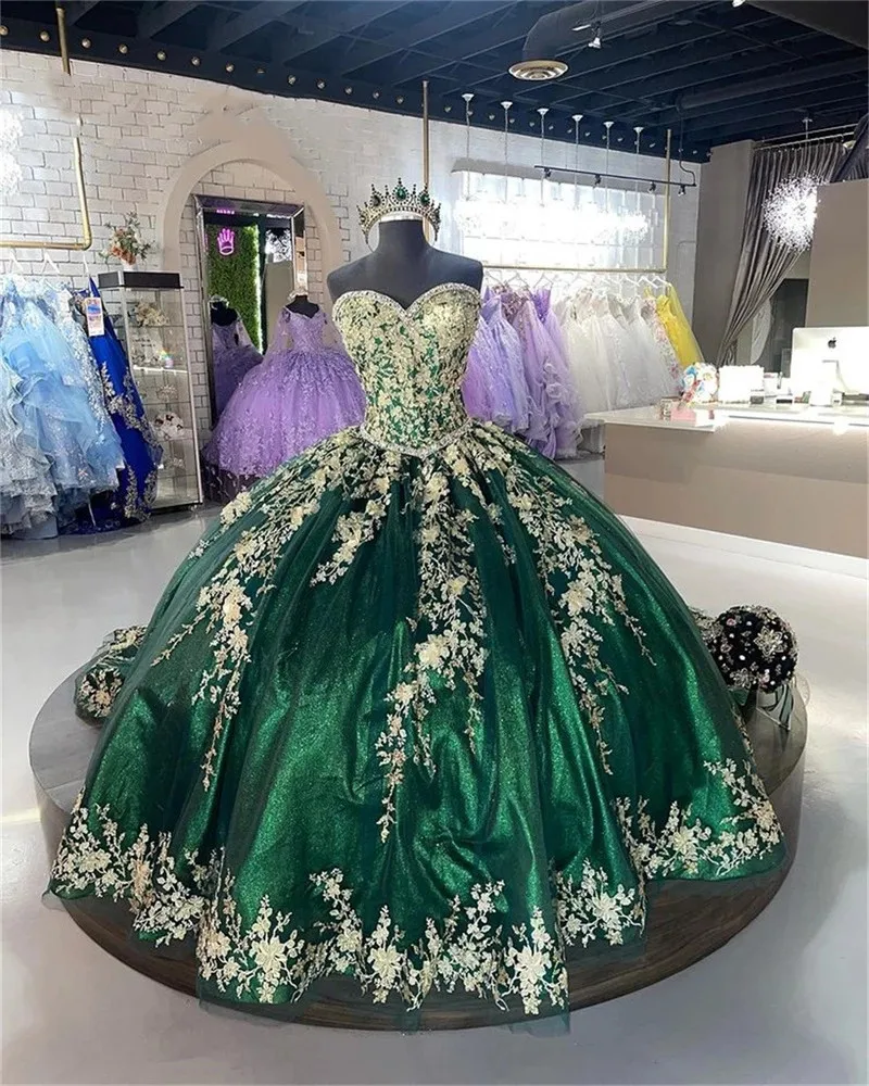Dresses Quinceanera Emerald Green With Gold Lace Appliques Crystals Beaded 16 Party Birthday Gown For Girls 2024 Lace-Up Sweetheart Neck Princess Vest
