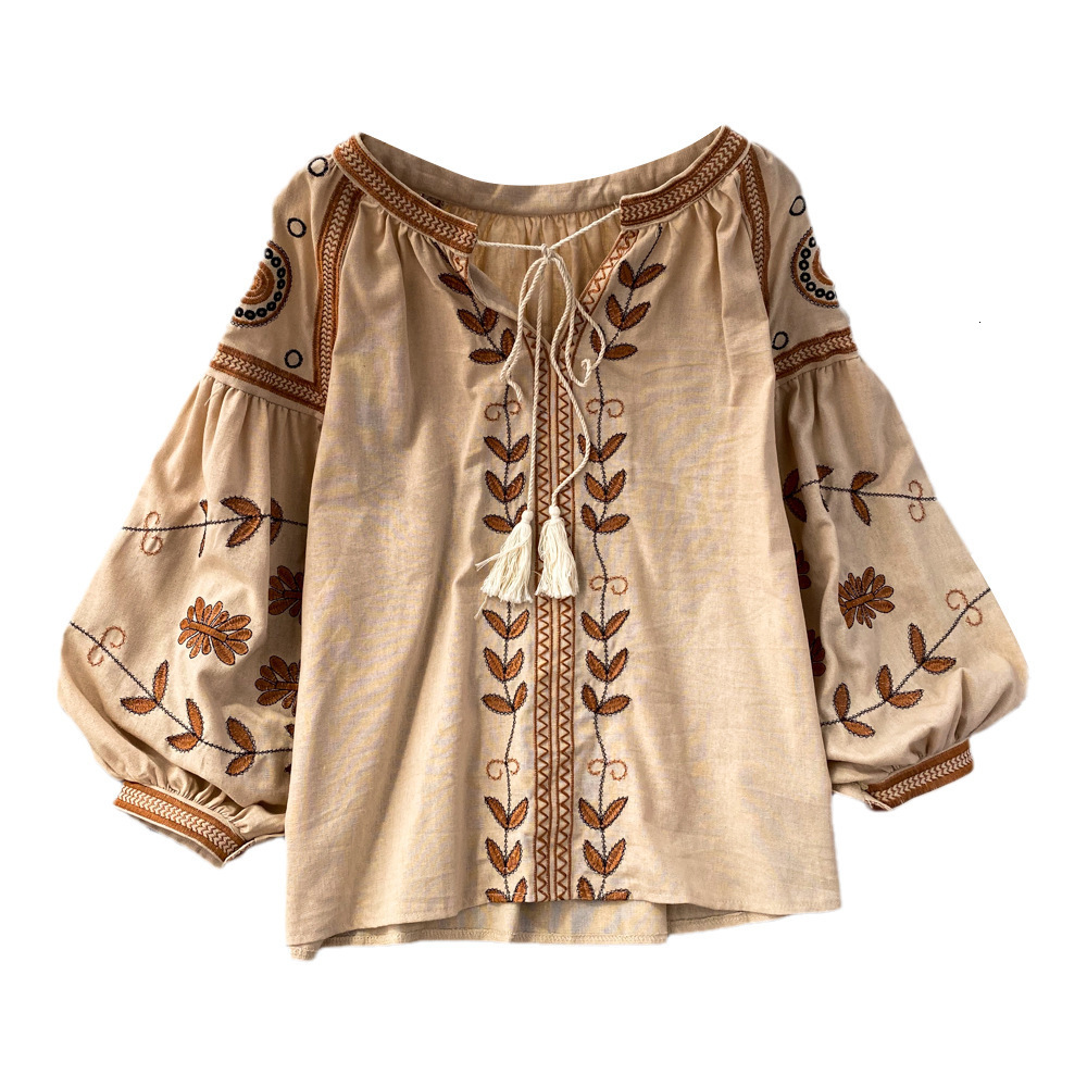 Boho Ral Embroidered Cotton Blouse With Tassels - Loose Fit, Long Lantern Sleeves, Casual Hippie Top For Women White, Black, Khaki B4