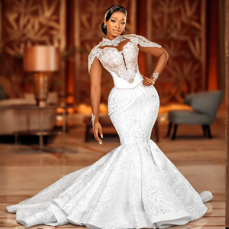 Mermaid Wedding Dresses Bridal Gown Beading High Neck With Long Sleeves Sweep Train Custom Made Beach Satin Plus Size Vestido De Novia