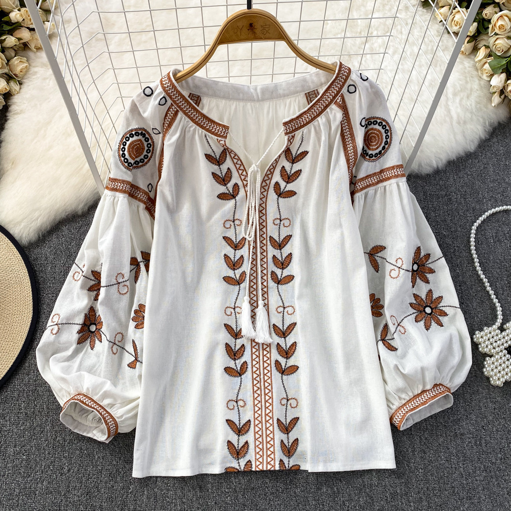 Boho Ral Embroidered Cotton Blouse With Tassels - Loose Fit, Long Lantern Sleeves, Casual Hippie Top For Women White, Black, Khaki B4