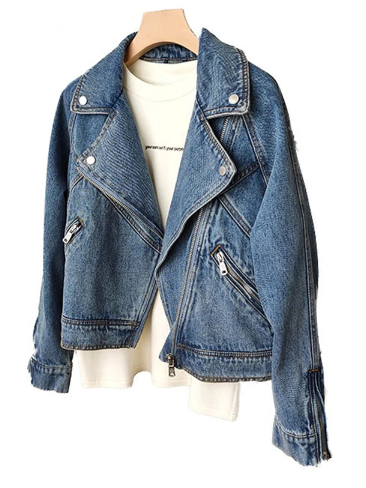 FTLZZ Spring Autumn Women Casual Moto Biker Denim Jacket Lady Vintage Loose Lapel Zipper Solid Color Short Cowboy Coat 240103