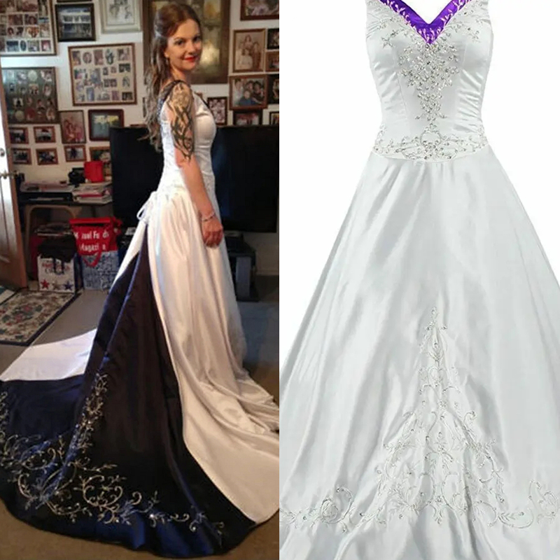Vintage A Line Country Wedding Dress Embroidery White And Dark Navy Satin Bridal Gowns Court Train Sleeveless Long Bride Formal Dresses 2024