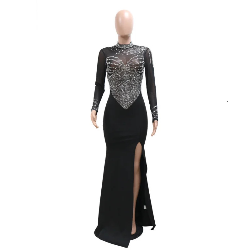Rhinestones Sheer Mesh Women Maxi Dress Sexy Side High Split Bodycon vestidos Clubwear Spring Birthday Party Dresses 240103