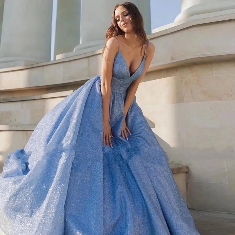 2024 Sparkly Blue Sequined Long Prom Dress Spaghetti Straps Floor Length Graduation Formal Evening Gowns Robe De Soriee Vestidos Feast