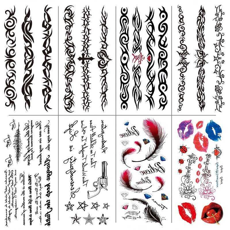 English Tattoo Sticker Feather, Red Lip Totem, Arm Circle Set, Simulated Waterproof