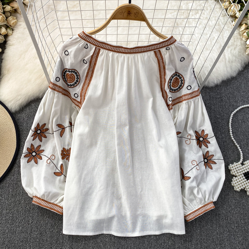 Boho Ral Embroidered Cotton Blouse With Tassels - Loose Fit, Long Lantern Sleeves, Casual Hippie Top For Women White, Black, Khaki B4