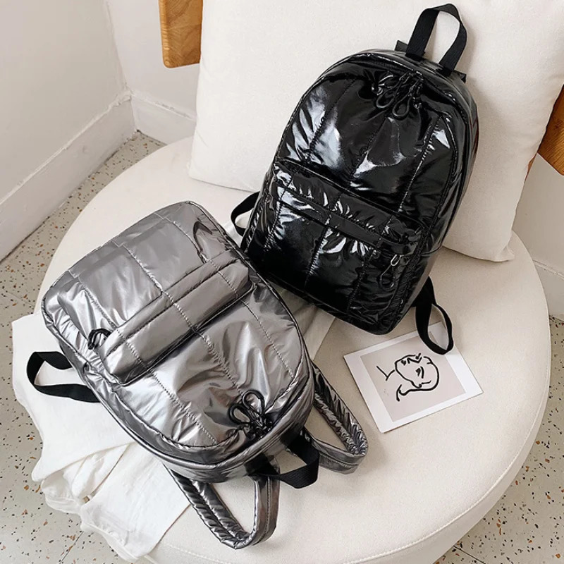 Bright Leather Check Bag Womens Fashion Simple Solid Color Backpack Leisure Largecapacity Student Backpacks 240103