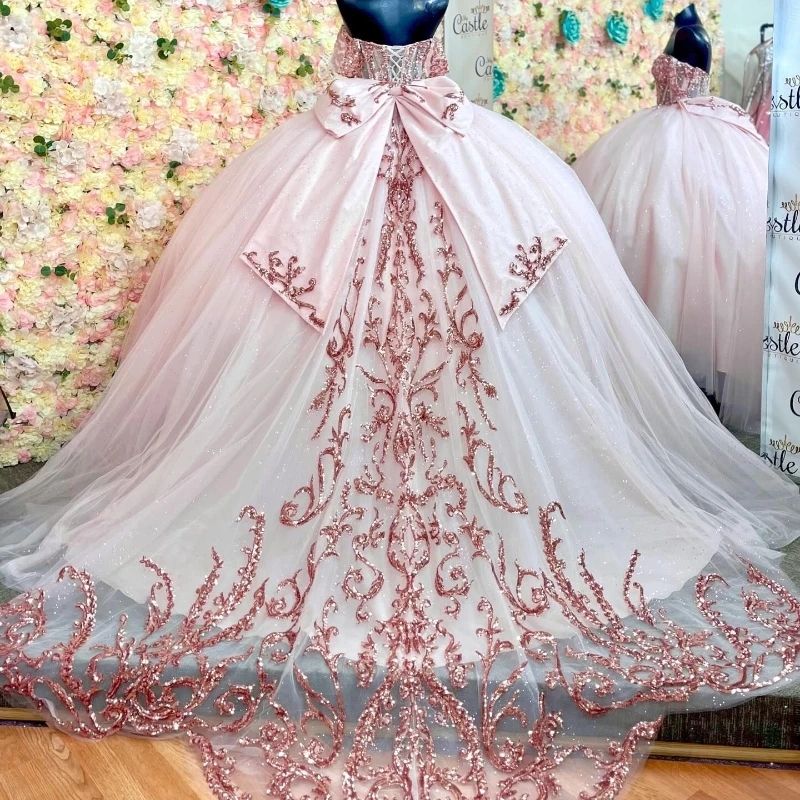 Blush Shiny Quinceanera Dresses With Rose Gold Applque Beads Sequin Vestidos De 15 Anos Off Shoulder Sweet 16 Dress 0431