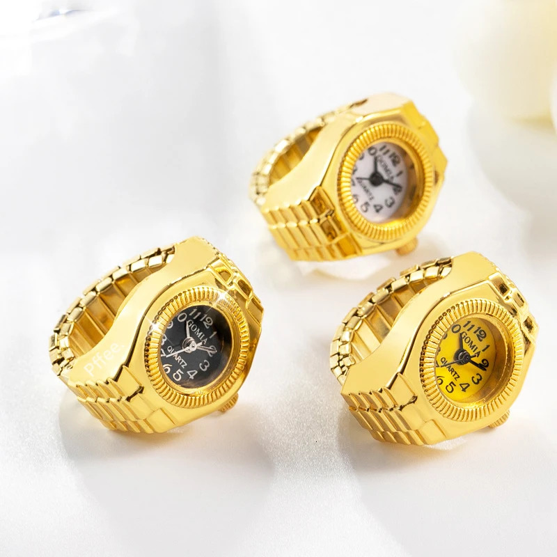Wedding Rings Gold Couple Ring Jewelry Watch Vintage Quartz Watch Ring Mens Vintage Punk Finger Watch Mini Elastic Band 240103