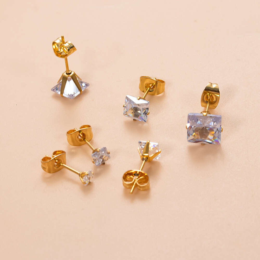 3-8mm Vintage Iced Out Cubic Zirconia Square Stud Earring Bling Prong Cz Stone Surgical Titanium Stainless Steel Wolf Tide Piercing Jewelry Bijoux Who