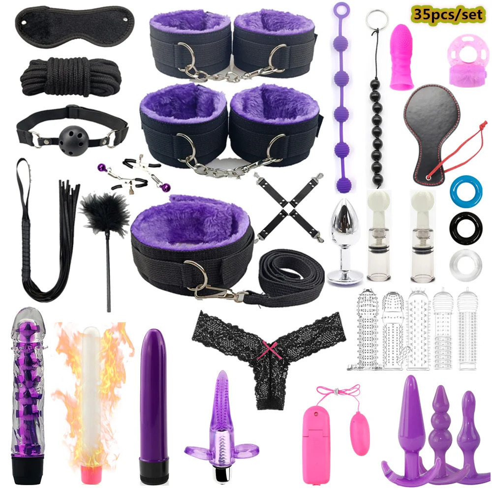 Leather BDSM Kit Bondage Set Adult Toys Sex Games Handcuffs Whip sm Sex Toy Kits Exotic Accessories Erotic Sex Toys for Couples 240105